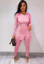 Spring Casual Pink Plain Round Neck Long Sleeve Slit Long Top And Pant Wholesale Two Piece Sets
