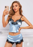 Summer Sexy Blue Satin With Lace Vest And Shorts Pajama Lingerie Set