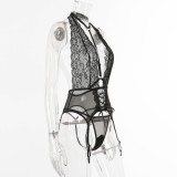 Sexy Valentine Black Hollow Out Lace Bodysuit And Panty Lingerie Set