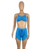 Großhandel Sportswear Sommer Blau Rüschen Weste Und Unregelmäßige Shorts Zweiteiliges Set