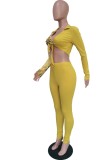 Frühling Sexy Gelb Print Umlegekragen Langarm Crop Top und Hose Großhandel 2 Stück Outfits