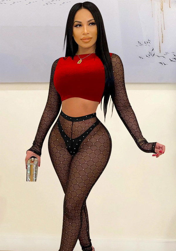 Spring Sexy Red Contrast Black Rhinestone See Through Round Neck Long Sleeve Crop Top And Pant Wholesale Two Piece Clothing