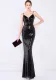 Women Summer Black Modest Strap Sleeveless Solid Sequined Mermaid Evening Dress