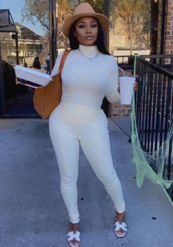 Women Spring White Casual Turtleneck Full Sleeves High Waist Solid Skinny Two Piece Pants Set