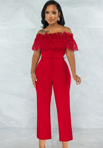 Women Summer Red Romantic Off-the-shoulder Sleeveless Solid Hollow Out Ankle Length Regular Jumpsuit
