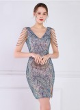 Frauen Sommer Blau Formales V-Ausschnitt Ärmelloses Pailletten Mini Slit Club Kleid