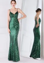 Women Summer Green Romantic Strap Sleeveless Solid Sequined Mermaid Evening Dress