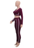 Women Spring Burgunry Sports O-Neck Full Sleeves High Waist Striped Print Skinny Two Piece Pants Set