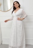 Women Spring White Romantic V-neck Three Quarter Sleeves Solid Lace Maxi Loose Plus Size Evening Dress