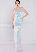 Women Summer Blue Modest Strap Sleeveless Sequined Mermaid Evening Dress