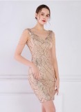 Damen Sommer Gold Modest V-Ausschnitt Ärmellos Pailletten Mini Slit Club Dress
