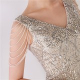 Damen Sommer Silber Modest V-Ausschnitt Ärmellos Pailletten Mini Slit Club Dress
