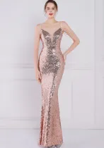 Women Summer Gold Formal Strap Sleeveless Solid Sequined Mermaid Evening Dress