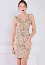 Women Summer Gold Modest V-neck Sleeveless Sequined Mini Slit Club Dress