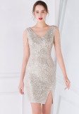 Damen Sommer Silber Modest V-Ausschnitt Ärmellos Pailletten Mini Slit Club Dress