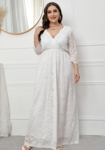 Vestido de noite feminino branco romântico com decote em V mangas três quartos de renda maxi solto plus size