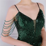 Frauen Sommer Grün Vintage Strap Ärmelloses Feste Pailletten Meerjungfrau Abendkleid