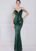 Women Summer Green Vintage Strap Sleeveless Solid Sequined Mermaid Evening Dress