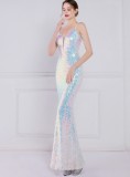 Frauen Sommer Blau Modest Strap Ärmelloses Pailletten Meerjungfrau Abendkleid