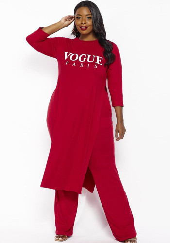 Conjunto de calças femininas primavera vermelho casual com gola alta mangas compridas com estampa de letras fenda plus size