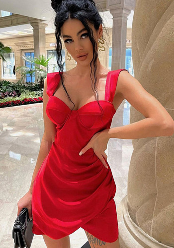 Women Summer Red Sexy Strap Sleeveless Solid Satin Ruched Mini Asymmetrical Club Dress