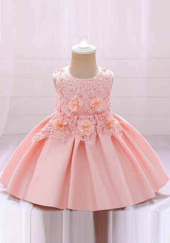 Vestito da principessa per feste da cerimonia per bambina, estivo, rosa chiaro, senza maniche, a fiori, soffice, tutù