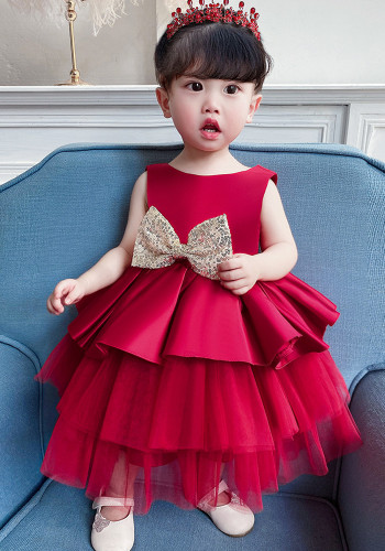 Summer Red Kids Girl Sleeveless Formal Party Fluffy Big Bow Tutu Princess Dress