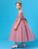 Summer Kids Girl Pink Flower Embroidery Lace Formal Party Ball Princess Dress