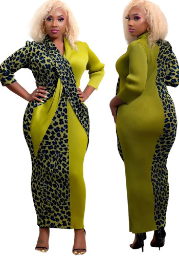 Women Spring Green Elegant V-neck Full Sleeves Leopard Print Patchwork Straight Plus Size Long Dress