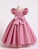 Kids Girl Summer Pink Puff Sleeve Fluffy Big Bow Formal Party Long Princess Dress