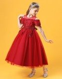 Sommer Kinder Mädchen Rote Blumenstickerei Spitze Formale Party Ball Prinzessin Kleid