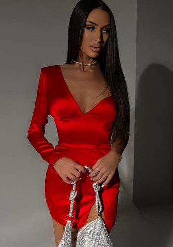 Women Spring Red Sexy V-neck One Sleeve Solid Slit Mini Bodycon Dress
