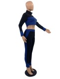 Women Spring Blue V-neck Full Sleeves High Waist Contrast Zippers Tight Full Length Tracksuit