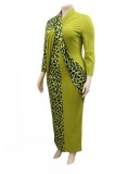 Frauen Frühling Grün Elegant V-Ausschnitt Volle Ärmel Leopard Print Patchwork Gerade Plus Size Langes Kleid