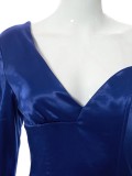 Frauen Frühling Blau Sexy V-Ausschnitt One Sleeve Solid Slit Mini Bodycon Kleid