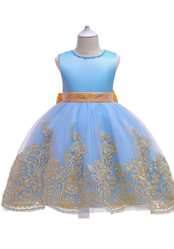 Çocuklar Kız Yaz Mavi Resmi Parti Lüks Çiçek Kabarık Büyük Yay Kolsuz Prenses Tutu Balo Elbise