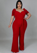 Frauen Sommer Rot Formal Sweetheart Neck Short Sleeves Solide Belted Full Length Regular Plus Size Overall
