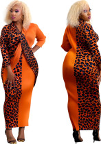 Vestido largo recto de talla grande con estampado de leopardo y manga larga con cuello en V elegante naranja de primavera para mujer