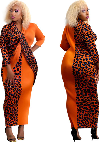 Dames Lente Oranje Elegante V-hals Volledige Mouwen Luipaard Print Patchwork Rechte Plus Size Lange Jurk
