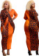 Women Spring Orange Elegant V-neck Full Sleeves Leopard Print Patchwork Straight Plus Size Long Dress