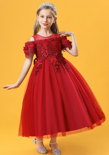 サマーキッズガール赤い花刺繡レースフォーマルパーティーボールプリンセスドレス