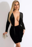 Women Spring Black Sexy Plunge Neck Full Sleeves Solid Velvet Mini Bodycon Dress
