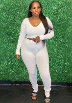 Set di pantaloni a due pezzi attillati solidi a vita alta da donna con scollo a V sportivo bianco primaverile