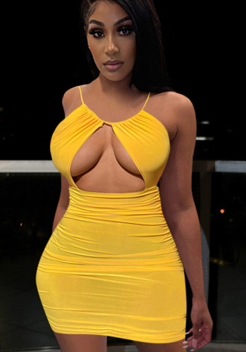 Vestido feminino verão amarelo sexy halter sem mangas com buraco de fechadura mini vestido club