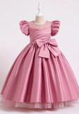 Kids Girl Summer Pink Puff Sleeve Fluffy Big Bow Formal Party Long Princess Dress