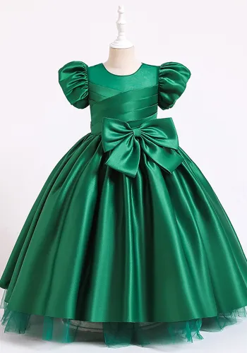 Kids Girl Summer Green Puff Sleeve Fluffy Big Bow Formal Party Long Princess Dress