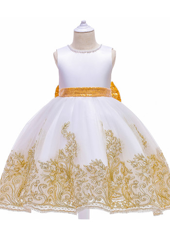 Kids Girl Zomer Witte Formele Party Luxe Bloem Pluizige Grote Boog Mouwloze Prinses Tutu Prom Dress