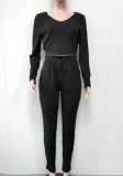 Women Spring Black Sports V-neck Full Sleeves High Waist Solid Skinny Two Piece Pants Set