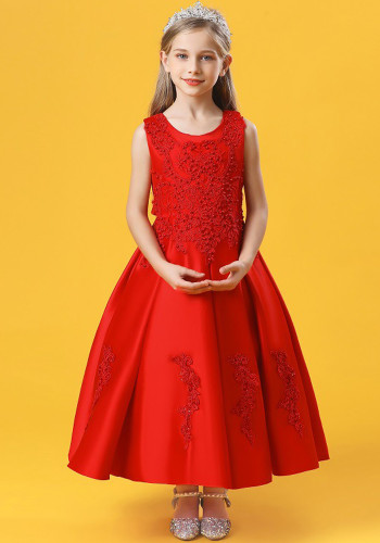 Enfants Fille D'été Rouge Sans Manches Perlée Fête Formelle Longue Robe De Princesse
