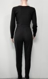 Women Spring Black Sports V-neck Full Sleeves High Waist Solid Skinny Two Piece Pants Set